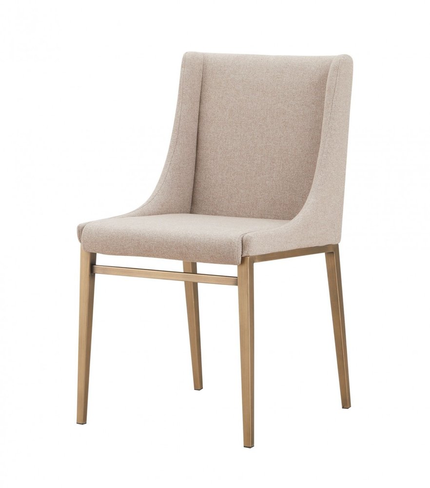 Set of Two Beige and Antiqued Brass Upholstered Fabric Wing Back Dining Side Chairs HomeRoots