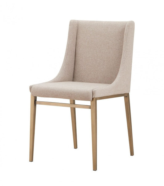 Set of Two Beige and Antiqued Brass Upholstered Fabric Wing Back Dining Side Chairs HomeRoots