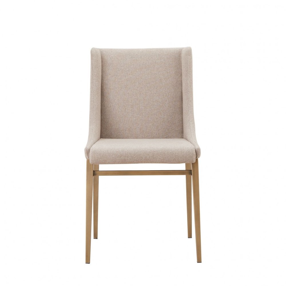 Set of Two Beige and Antiqued Brass Upholstered Fabric Wing Back Dining Side Chairs HomeRoots