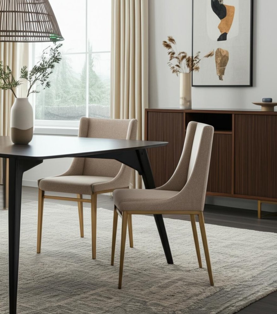 Set of Two Beige and Antiqued Brass Upholstered Fabric Wing Back Dining Side Chairs — view 6