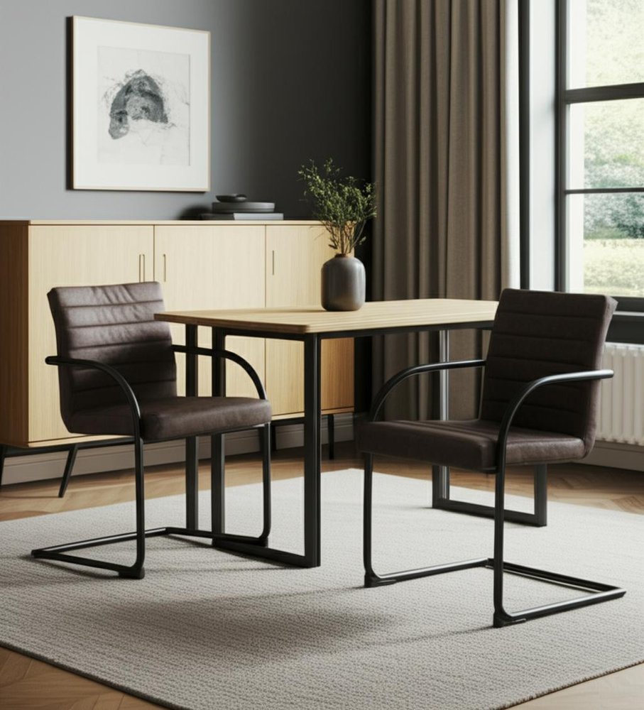 Set of Two Brown and Black Upholstered Faux Leather Dining Arm Chairs HomeRoots