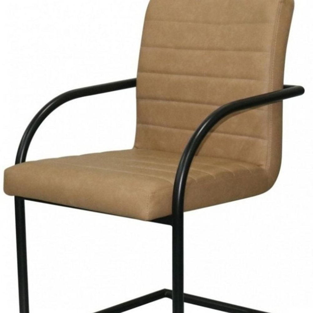 Set of Two Tan and Black Upholstered Faux Leather Dining Arm Chairs HomeRoots