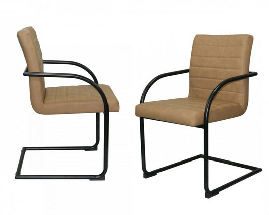 Set of Two Tan and Black Upholstered Faux Leather Dining Arm Chairs HomeRoots
