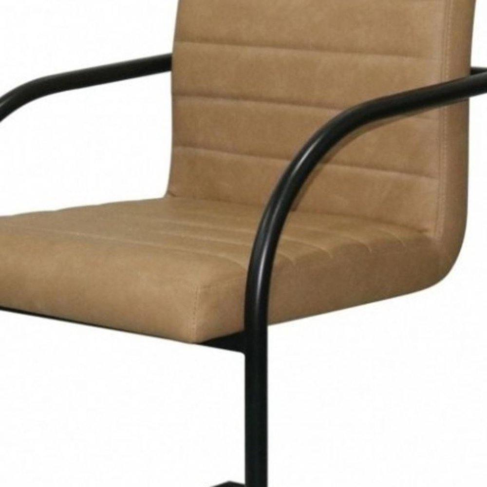 Set of Two Tan and Black Upholstered Faux Leather Dining Arm Chairs HomeRoots