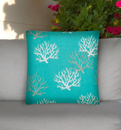 17" Aqua Gray and White Coral Indoor Outdoor Throw Pillow Cover
