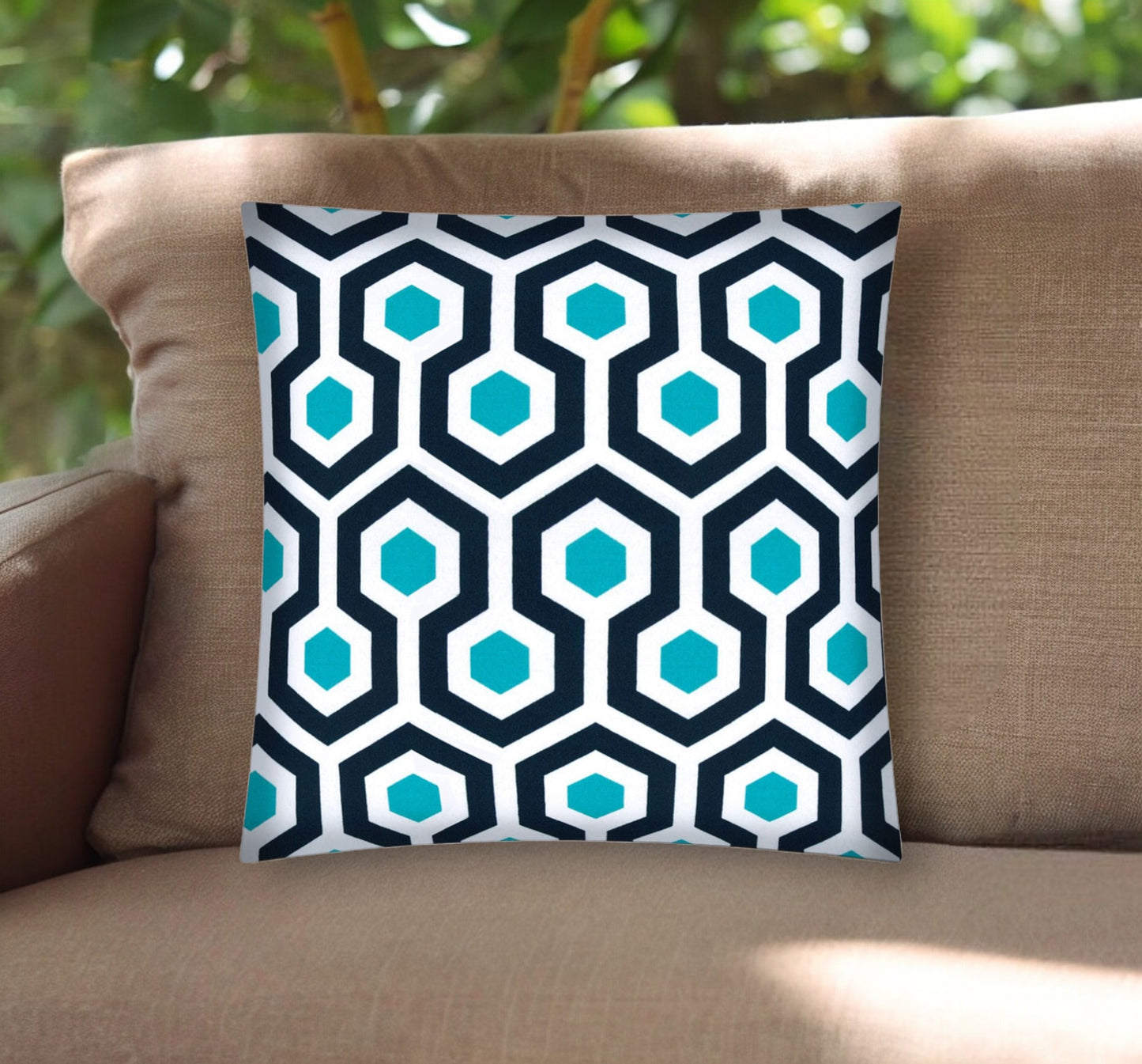 17" Aqua Navy and White Geometric Indoor Outdoor Throw Pillow Cover