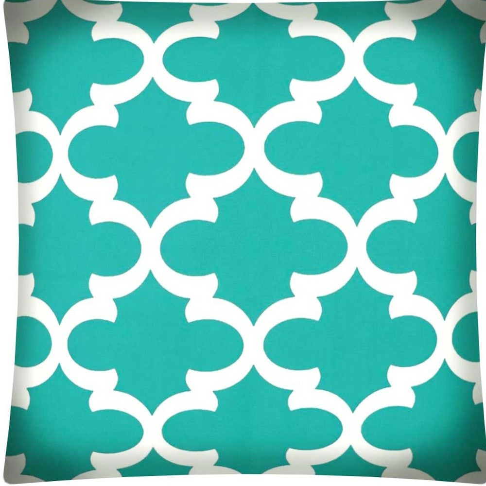 17" Aqua and White Quatrefoil Indoor Outdoor Throw Pillow Cover