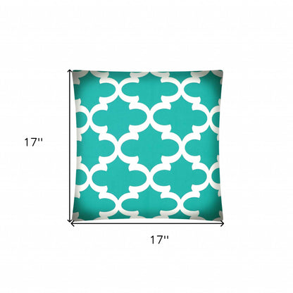 17" Aqua and White Quatrefoil Indoor Outdoor Throw Pillow Cover