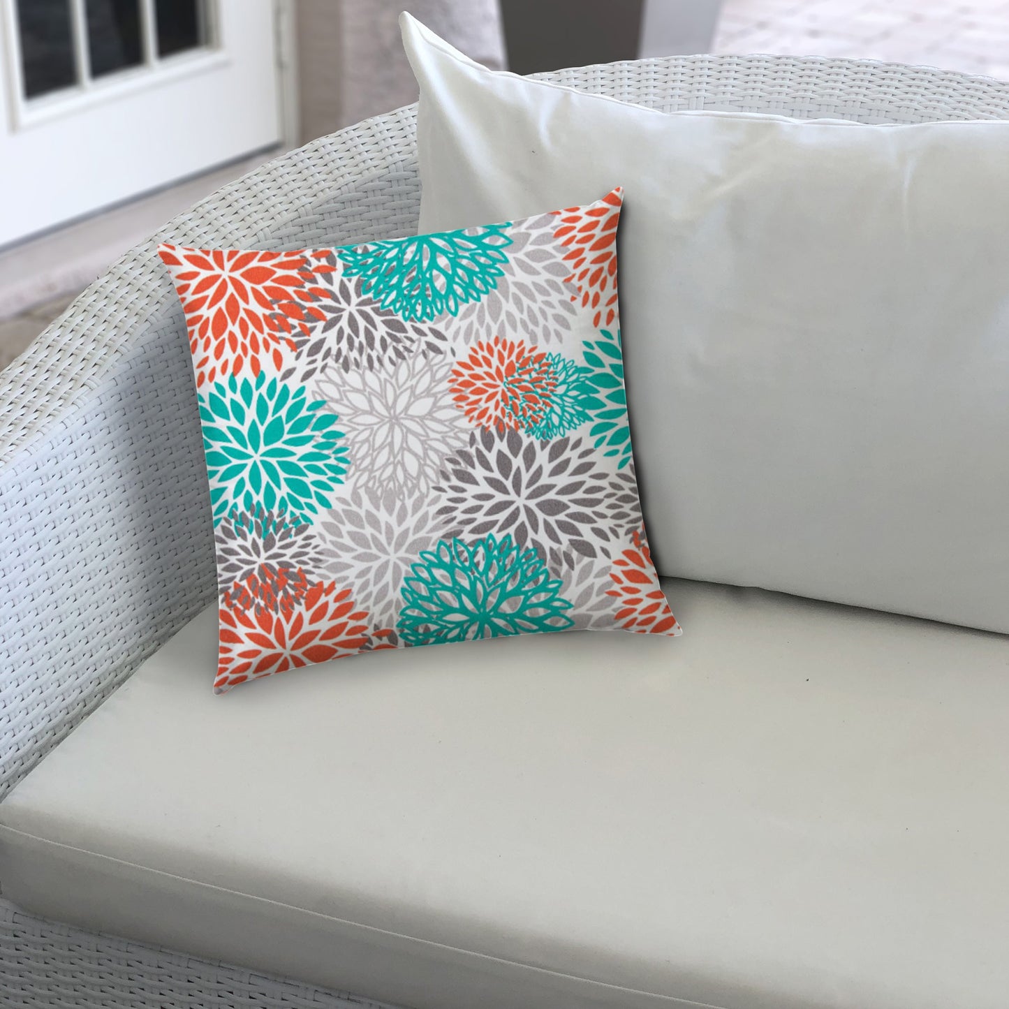 20" Gray Orange and White Floral Indoor Outdoor Throw Pillow Cover