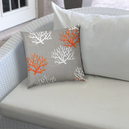 20" Gray Orange and White Coral Indoor Outdoor Throw Pillow Cover