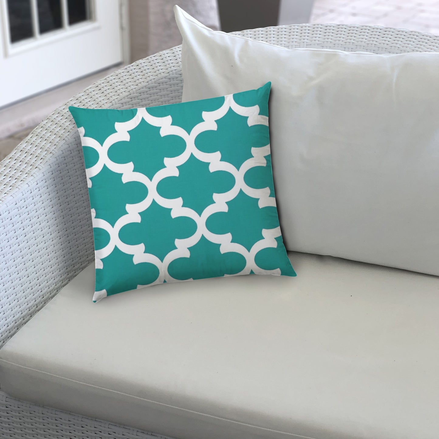 20" Turquoise and White Quatrefoil Indoor Outdoor Throw Pillow Cover