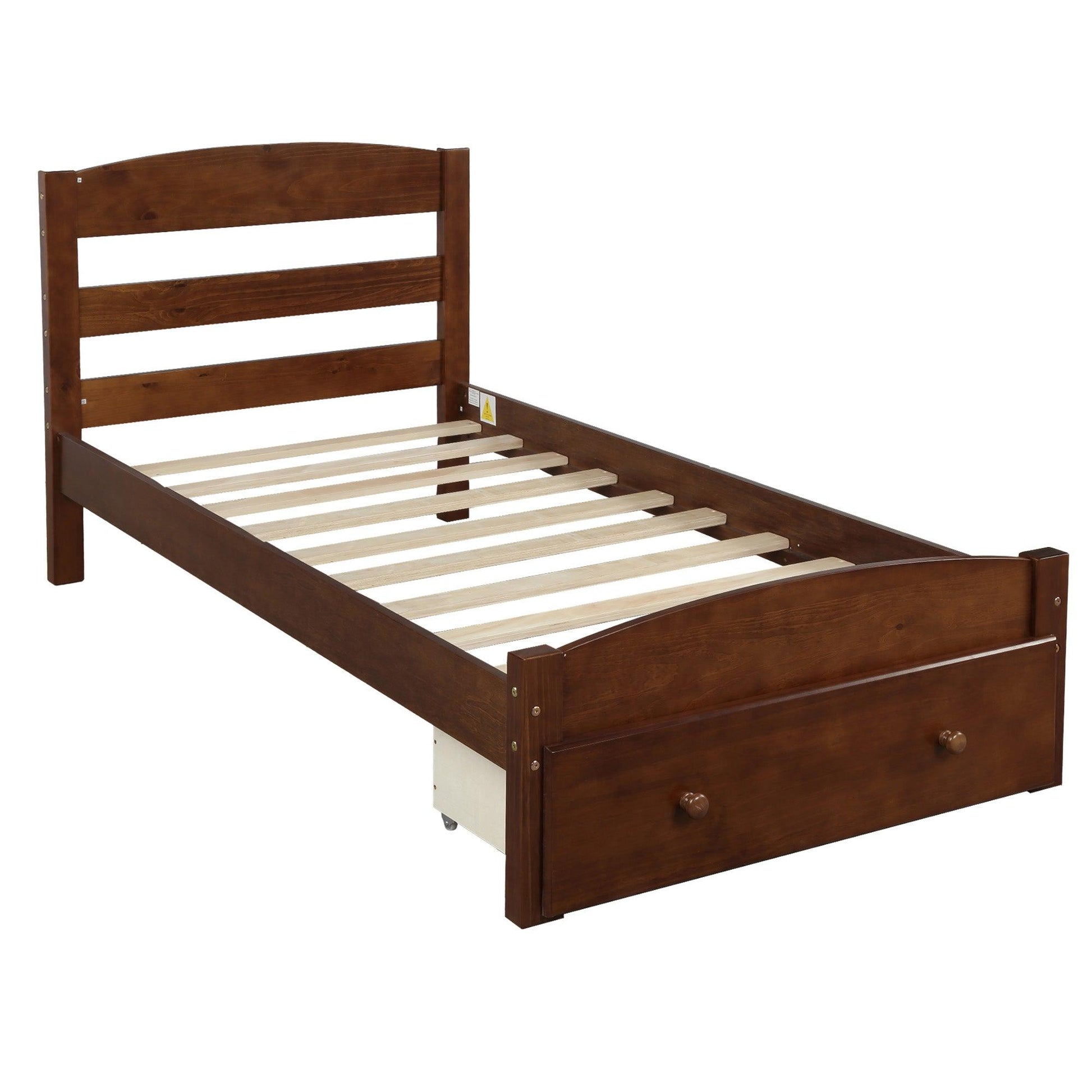 Platform Twin Bed Frame with Storage Drawer and Wood Slat Support No Box Spring Needed Walnut - FurniFindUSA