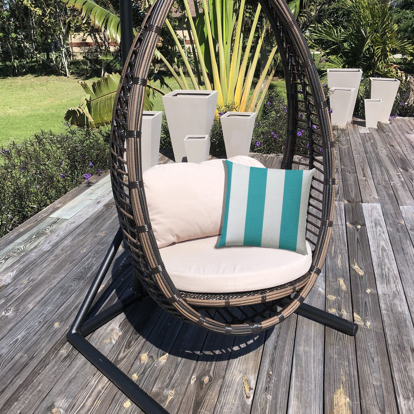 20" Turquoise and White Striped Indoor Outdoor Throw Pillow Cover