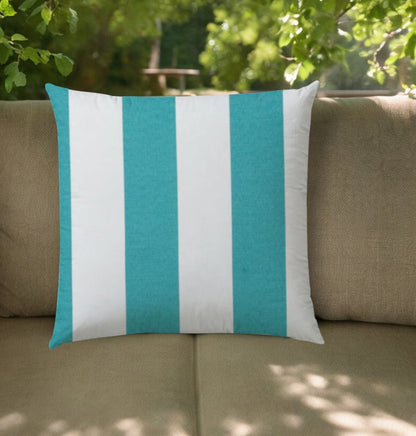 20" Turquoise and White Striped Indoor Outdoor Throw Pillow Cover