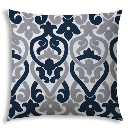 20" Navy Gray and White Damask Indoor Outdoor Throw Pillow Cover