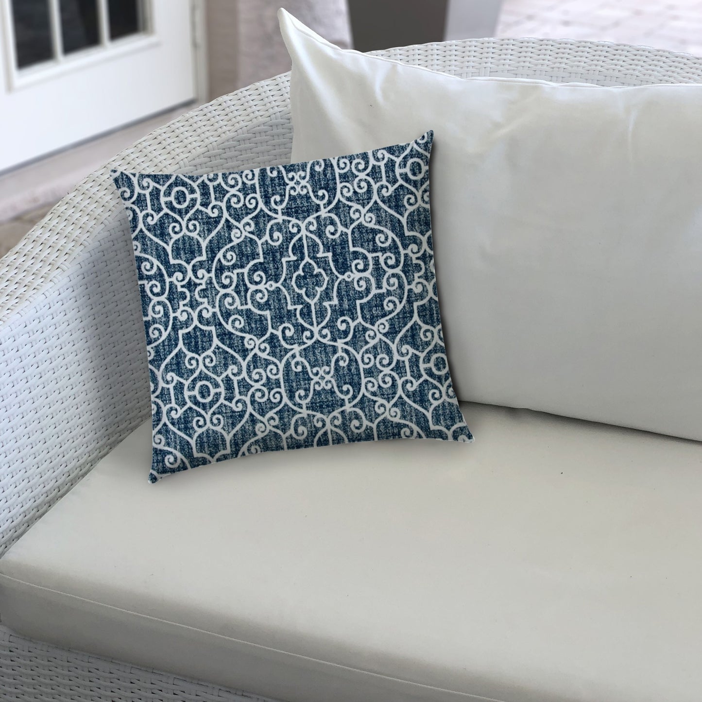 20" Indigo and Ivory Trellis Indoor Outdoor Throw Pillow Cover