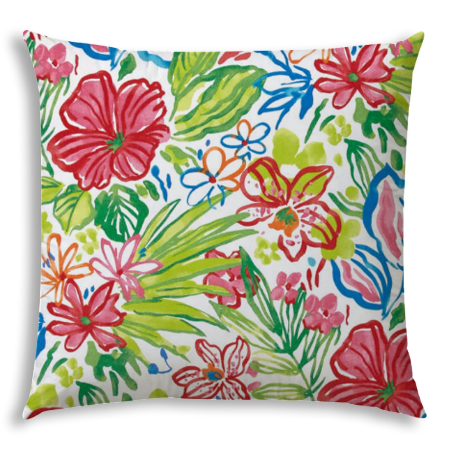 20" Green and Red Floral Indoor Outdoor Throw Pillow Cover