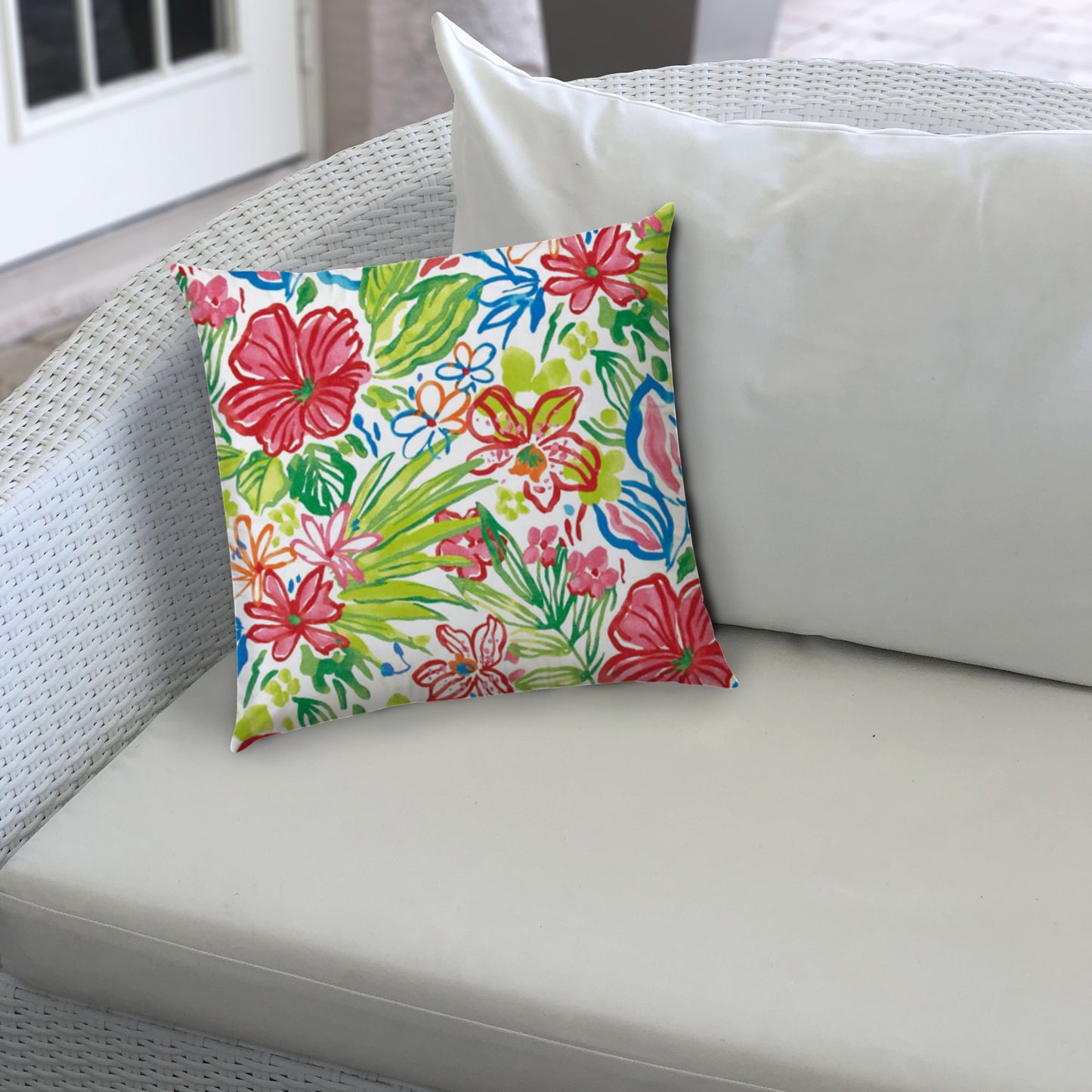 20" Green and Red Floral Indoor Outdoor Throw Pillow Cover