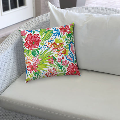 20" Green and Red Floral Indoor Outdoor Throw Pillow Cover