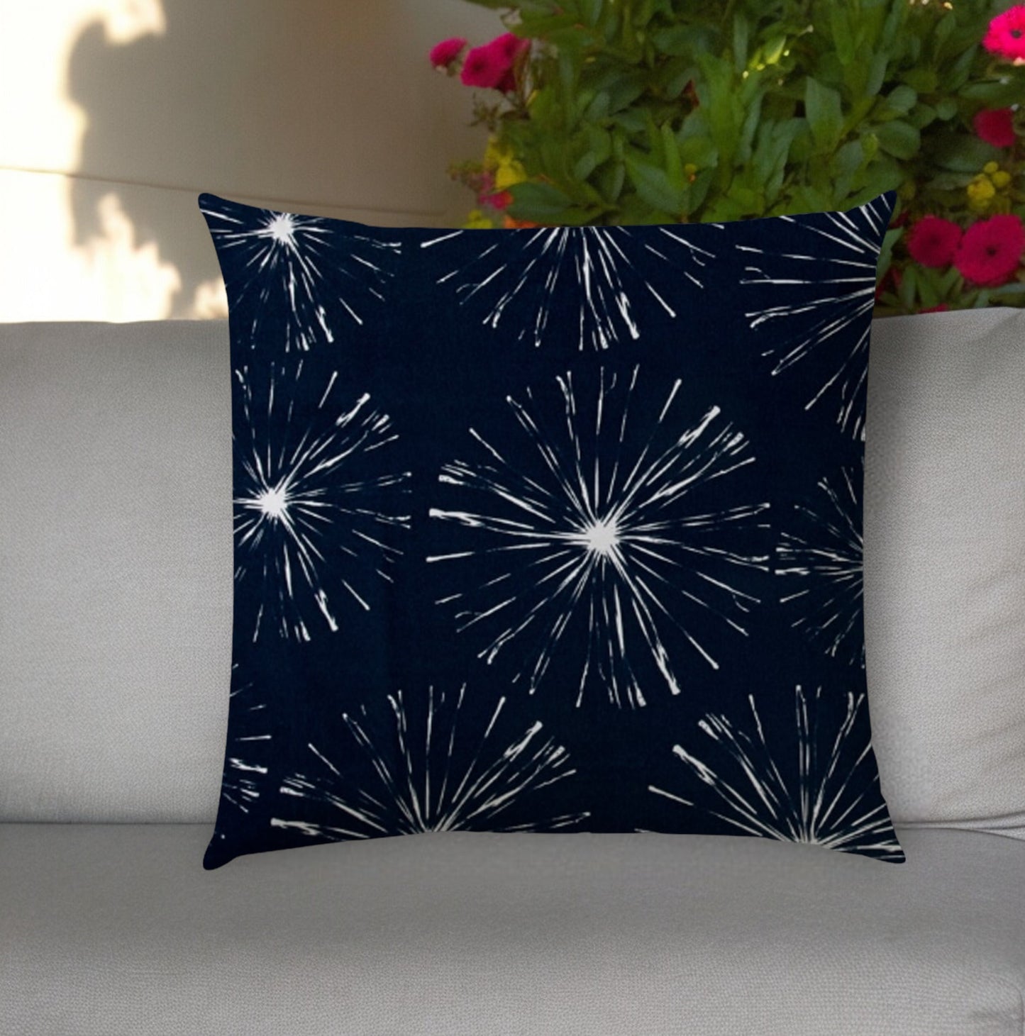 20" Navy and White Starburst Fireworks Indoor Outdoor Throw Pillow Cover