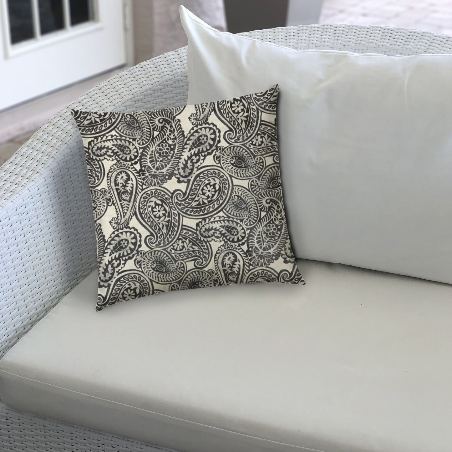 20" Gray Black and Cream Paisley Indoor Outdoor Throw Pillow Cover