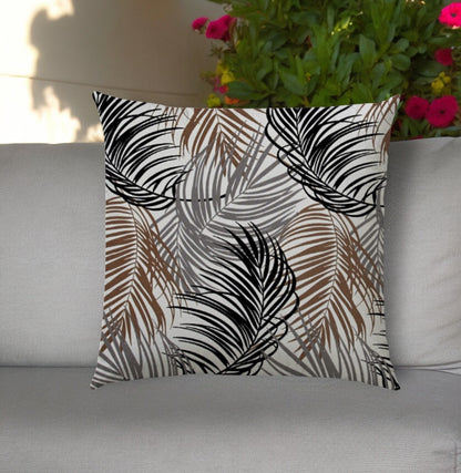 20" Brown Gray and Black Tropical Indoor Outdoor Throw Pillow Cover