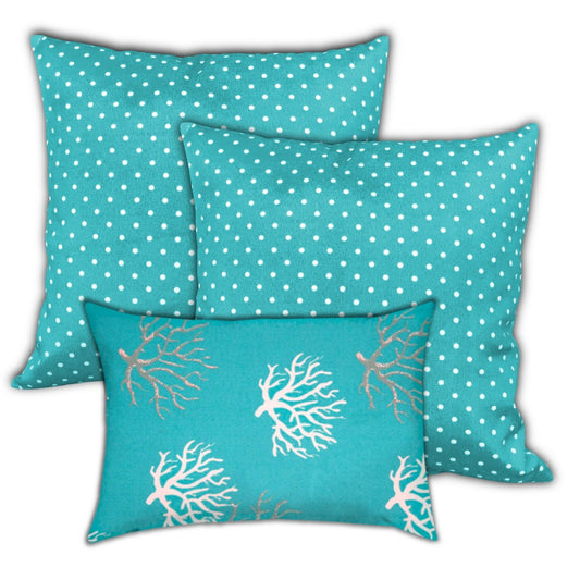 Set Of Three 19" X 19" Ocean Blue And White Zippered Polka Dots Throw Indoor Outdoor Pillow Cover