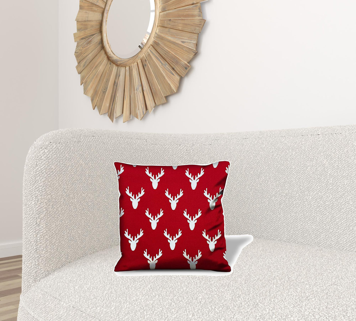 17" X 17" Red Gray And White Reindeer Zippered 100% Cotton Animal Print Throw Pillow Cover