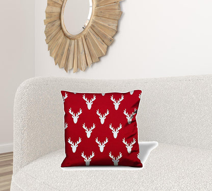 20" X 20" Red Gray And White Reindeer Zippered 100% Cotton Animal Print Throw Pillow Cover