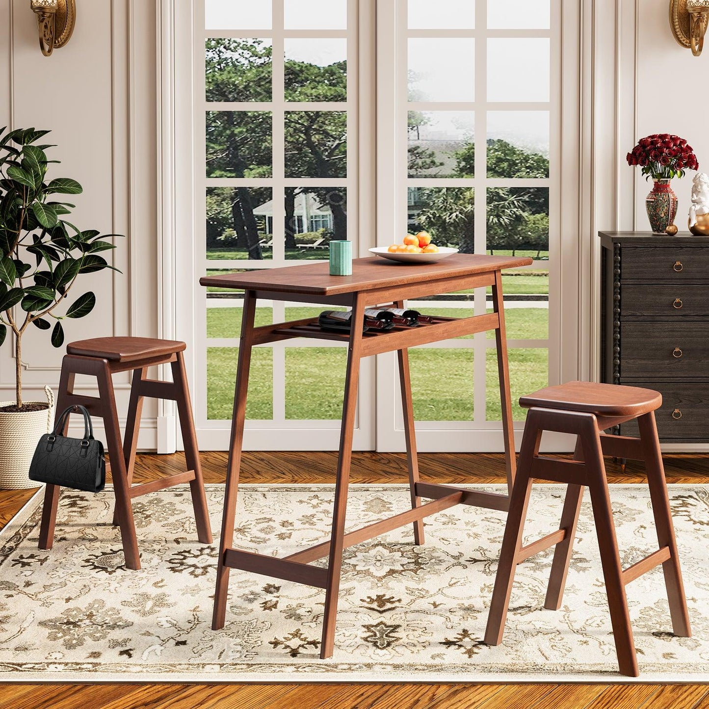 3 PCS Pub Dining Set Retro Bar Table Rubber Wood Stackable Backless High Stool for 2 - FurniFindUSA