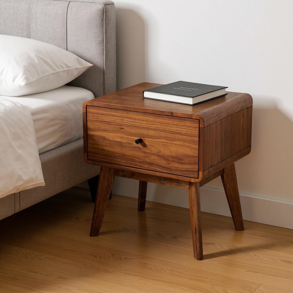 Modern Mid Century Walnut Nightstand with Single Drawer HomeRoots