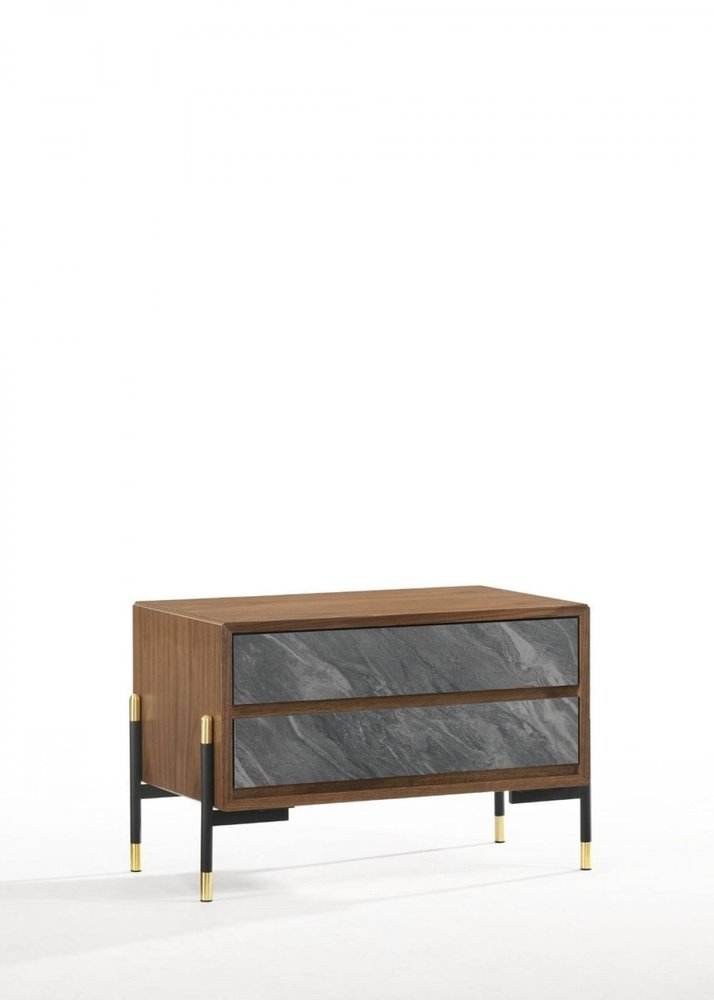 Mid Century Walnut and Gray Faux Marble Two Drawer Nightstand HomeRoots
