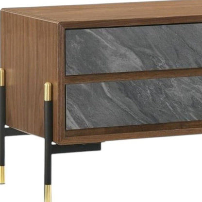 Mid Century Walnut and Gray Faux Marble Two Drawer Nightstand HomeRoots