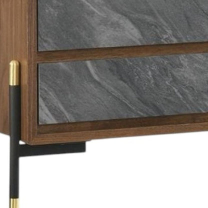 Mid Century Walnut and Gray Faux Marble Two Drawer Nightstand HomeRoots