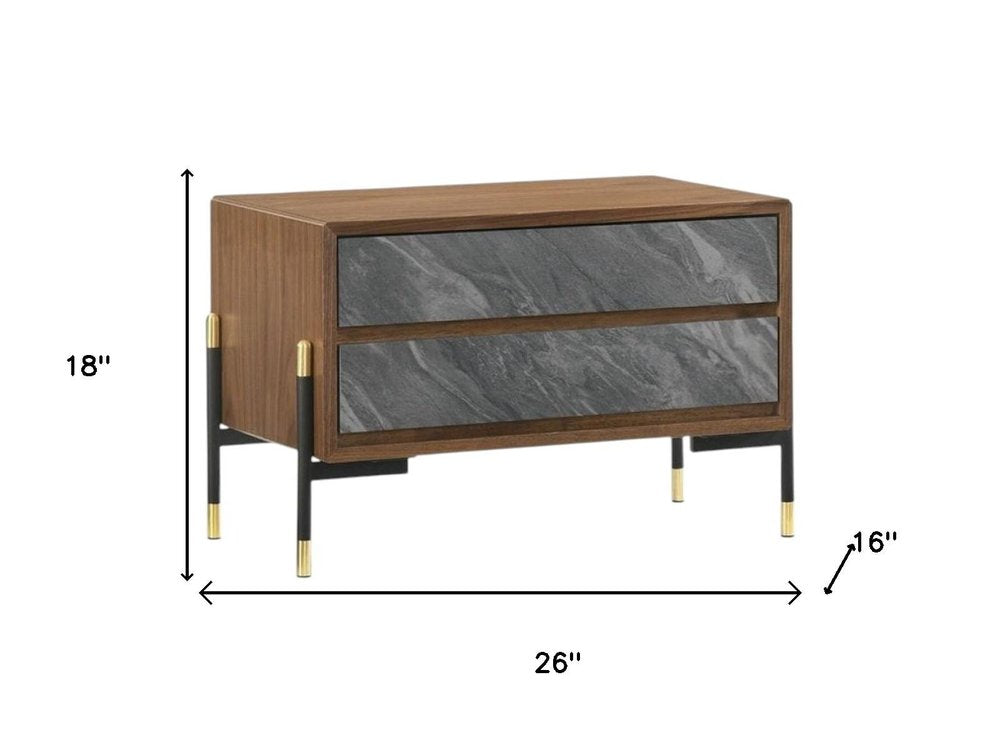 Mid Century Walnut and Gray Faux Marble Two Drawer Nightstand HomeRoots
