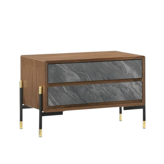Mid Century Walnut and Gray Faux Marble Two Drawer Nightstand
