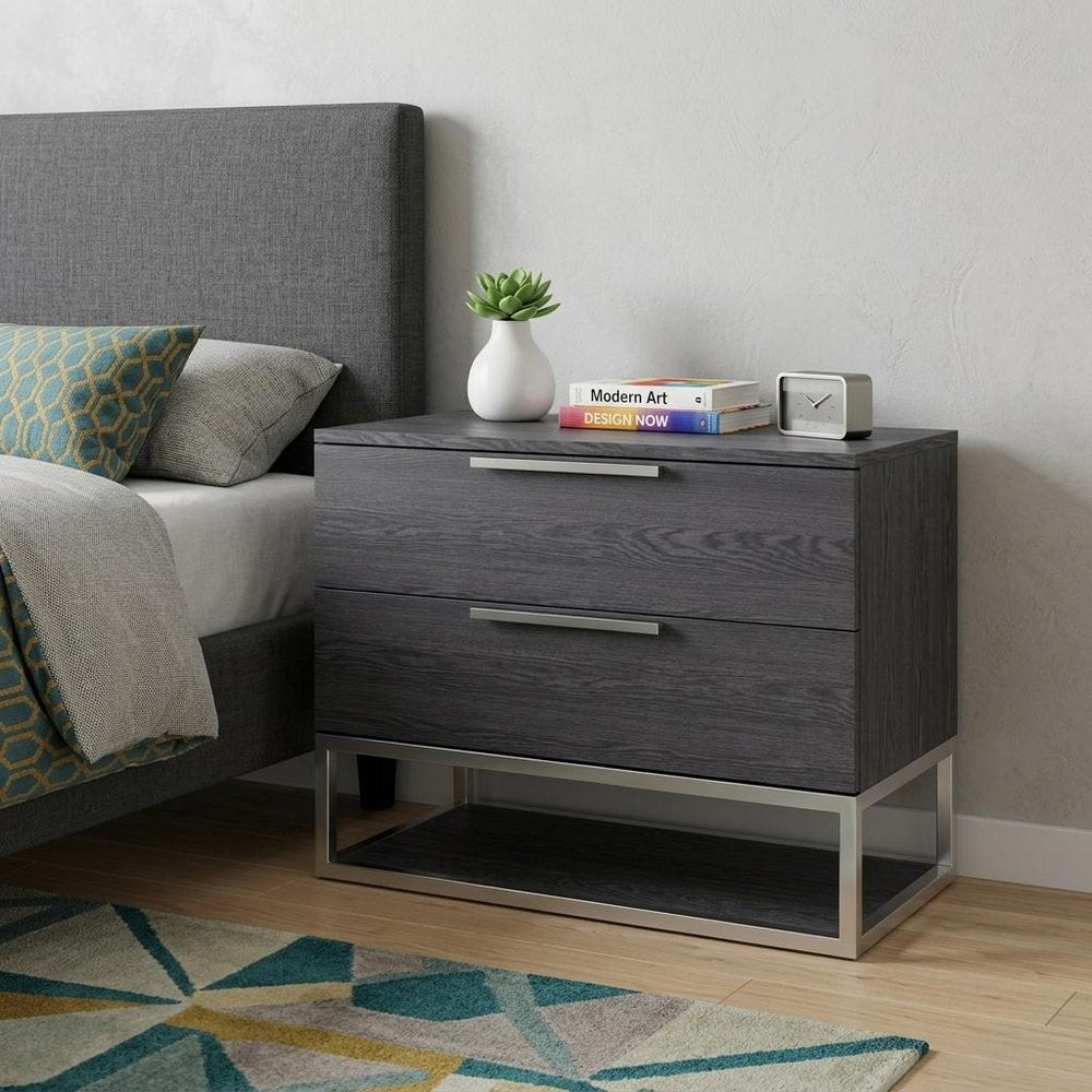 22" Gray Two Drawers Solid Wood Nightstand HomeRoots