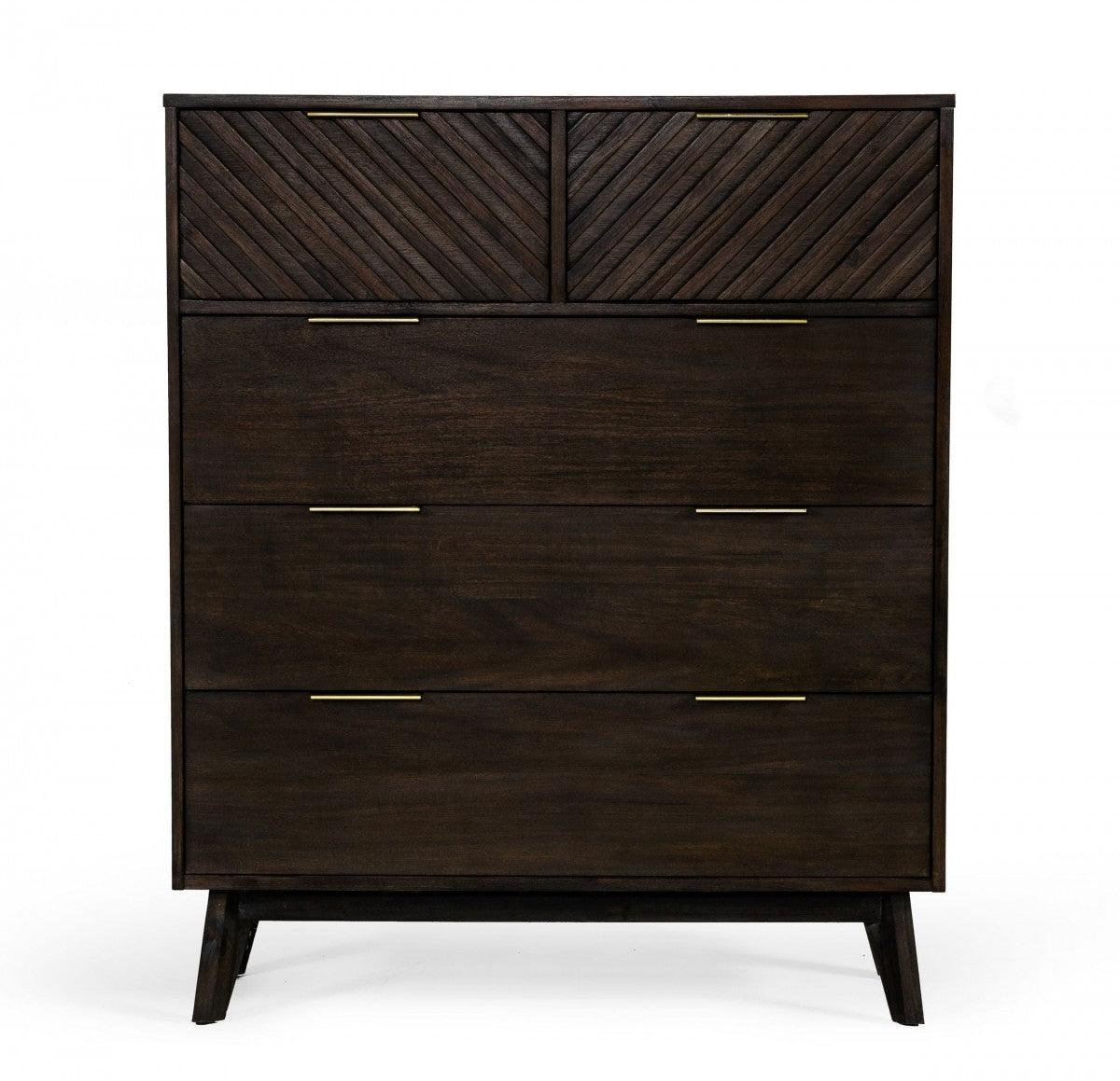 39" Dark Acacia Solid Wood Five Drawer Dresser - FurniFindUSA