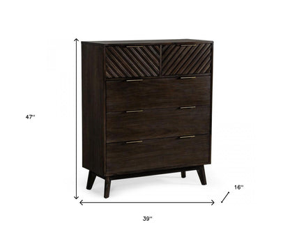 39" Dark Acacia Solid Wood Five Drawer Dresser - FurniFindUSA