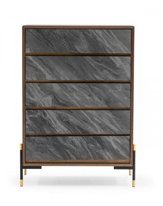 30" Gray And Walnut Faux Marble And Wood Five Drawer Dresser
