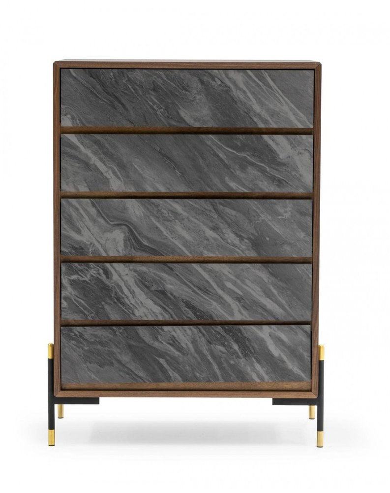 30" Walnut And Grey Manufactured Wood Five Drawer Chest HomeRoots
