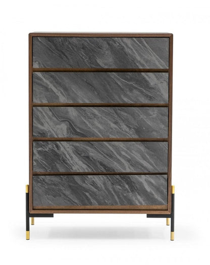 30" Walnut And Grey Manufactured Wood Five Drawer Chest HomeRoots