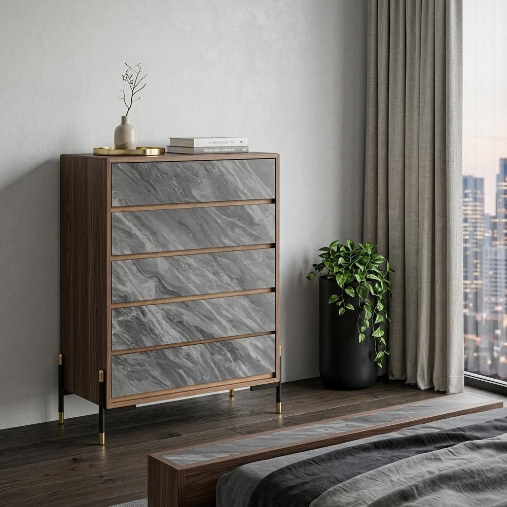 30" Walnut And Grey Manufactured Wood Five Drawer Chest HomeRoots