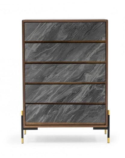 63" Walnut And Grey Faux Marble Wood Six Drawer Double Dresser HomeRoots