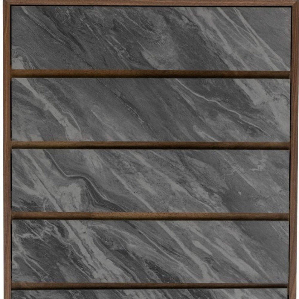 30" Gray And Walnut Faux Marble And Wood Five Drawer Dresser