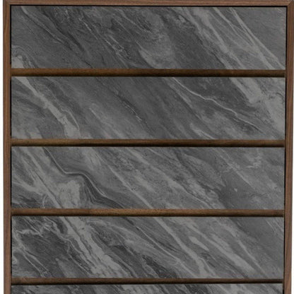 30" Gray And Walnut Faux Marble And Wood Five Drawer Dresser