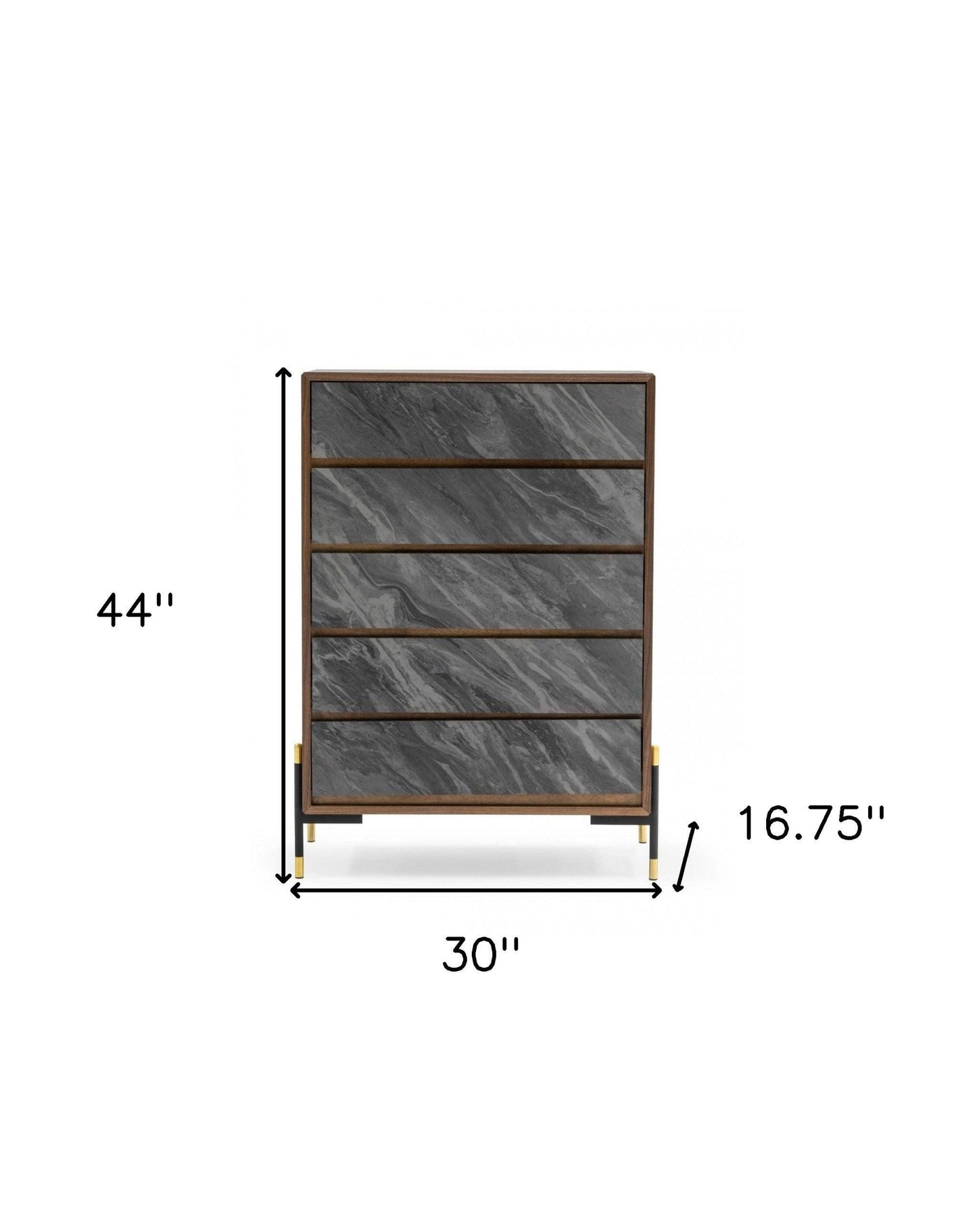 30" Walnut And Grey Manufactured Wood Five Drawer Chest - FurniFindUSA