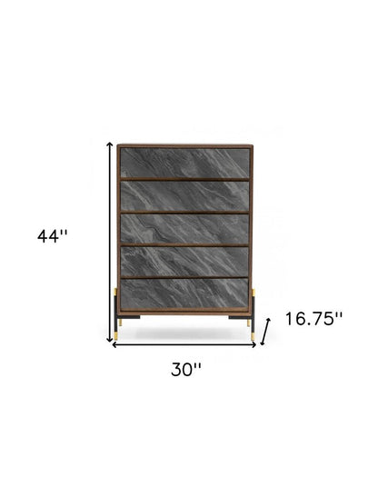 30" Walnut And Grey Manufactured Wood Five Drawer Chest HomeRoots