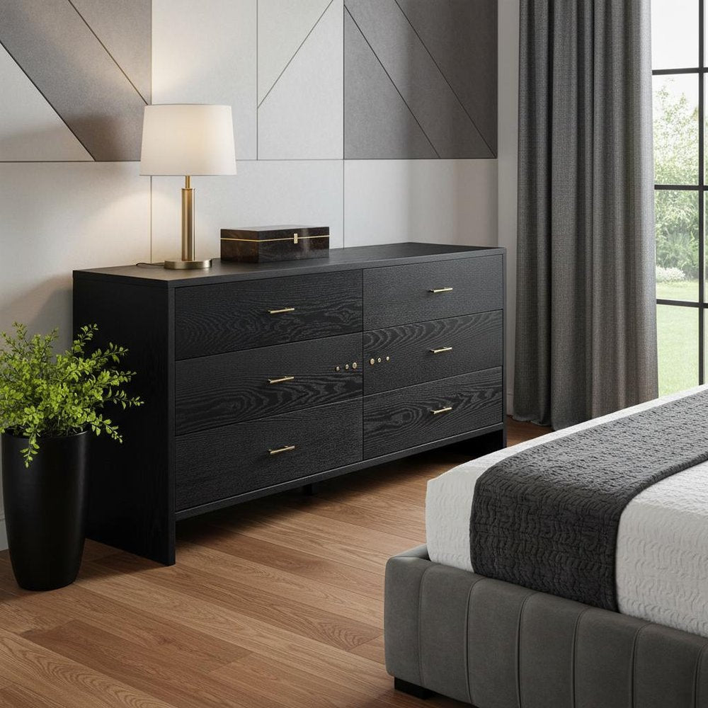 59" Gray Wood Six Drawer Double Dresser — view 3