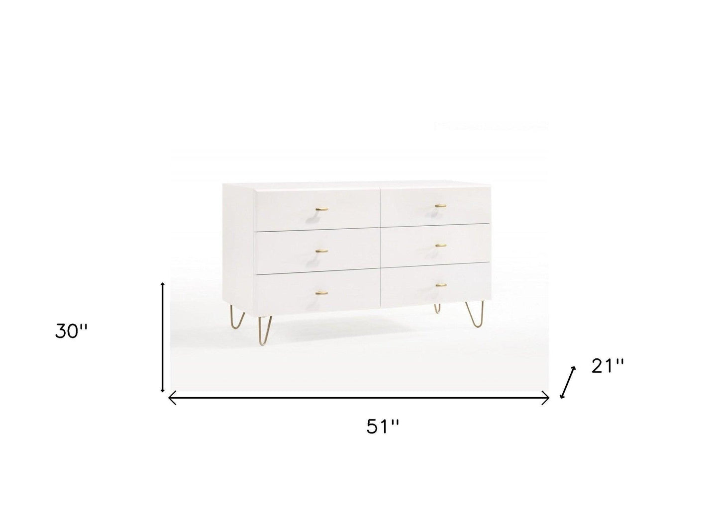 51" White Manufactured Wood Six Drawer Double Dresser - FurniFindUSA